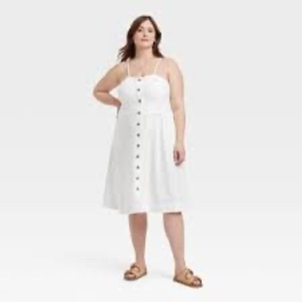 NEW A New Day White Corset Button Front Linen Midi‎ A Line Dress w/ Pockets, S
